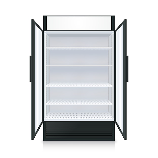 Realistic empty commercial fridge with shelves 