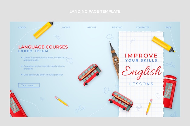 Realistic english lessons landing page template