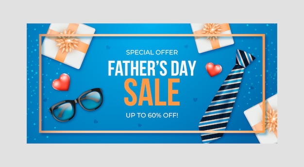 Realistic father's day horizontal banner template with presents and tie