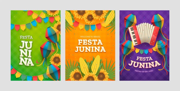 Realistic festas juninas greeting cards collection