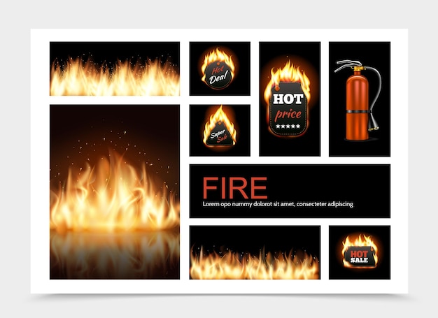 Realistic fire composition with hot fiery sale emblems flame blaze and fire extinguisher illustration