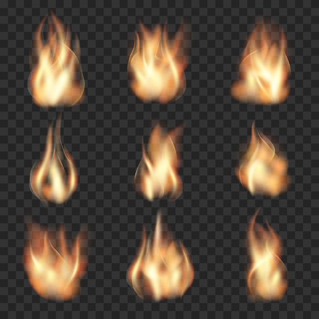 Realistic fire flames on checkered transparent background. Burn hot, heat flame, wildfire energy, vector illustration