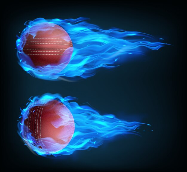 Realistic flying cricket balls in blue fire