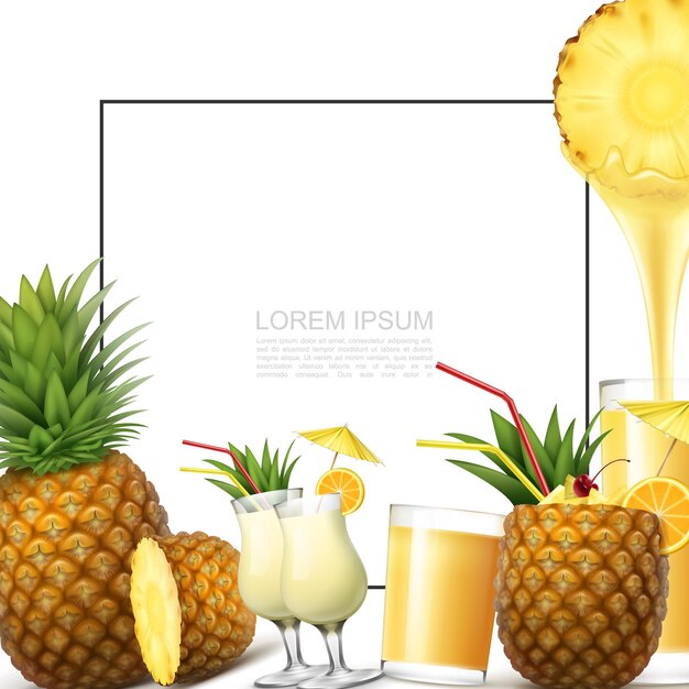 Realistic fresh pineapple fruit template with frame for text pina colada cocktails glasses of natural healthy juice