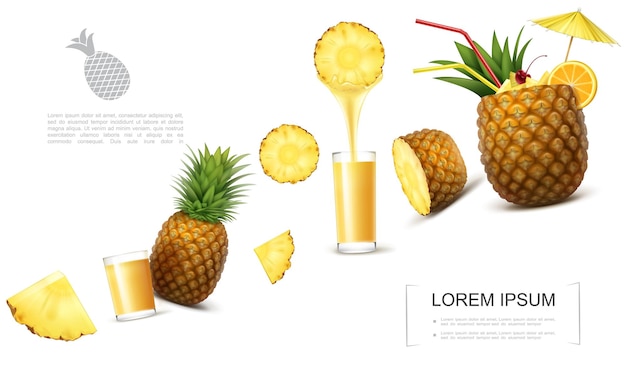 Realistic fresh pineapple template with tropical fruit pieces glasses of natural juice pineapple cocktail garnished with umbrella and orange slice