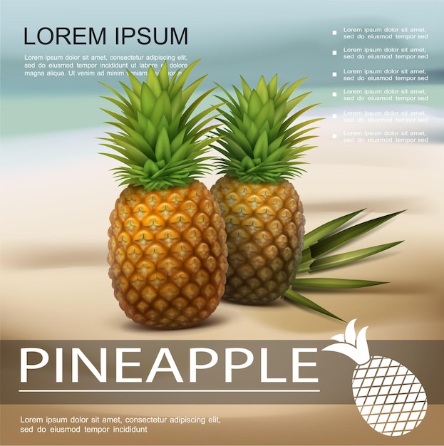 Realistic fresh pineapples colorful poster with two tropical fruits and palm leaves on beach on blurred