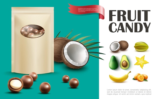 Free Vector realistic fruit candies concept with bag of chocolate balls coconut carambola banana avocado vanilla kumquat  illustration