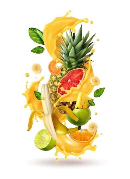 Realistic ftuiys juice splash burst composition with spray images and ripe tropical fruits on blank