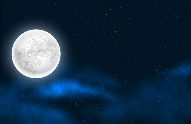 Free vector realistic full moon and starry midnight background with smoke effect