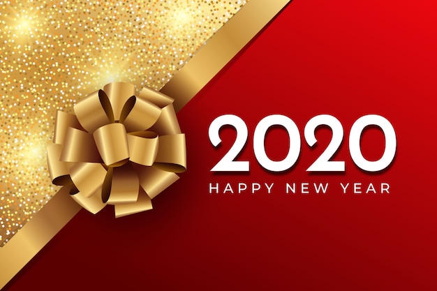 Realistic funny new year background with bow and glitter