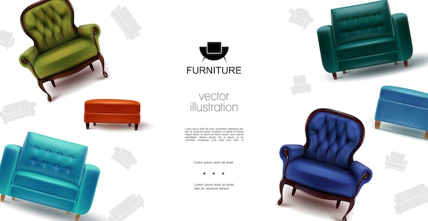 Free Vector realistic furniture objects template with soft colorful armchairs chairs and tabourets