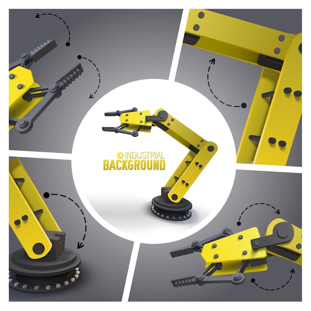 Free Vector realistic futuristic industry composition with yellow mechanical industrial robotic arms and manipulators