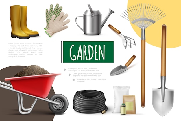 Free Vector realistic garden elements collection with boots gloves watering can hose wheelbarrow fertilizer bags shovel trowel rake hoe isolated  illustration