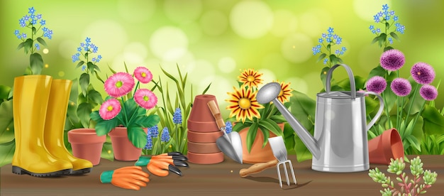 Free vector realistic garden horizontal composition of wooden table with flowers in pots watering can boots and hoe illustration