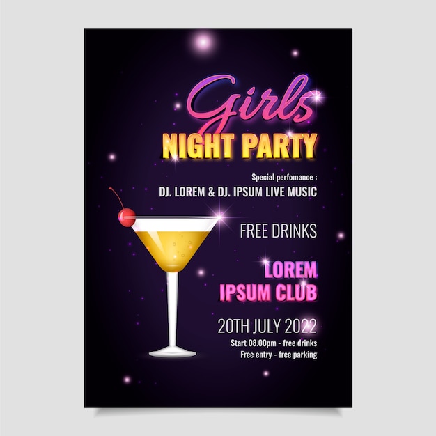 Free vector realistic girls night party poster with drink