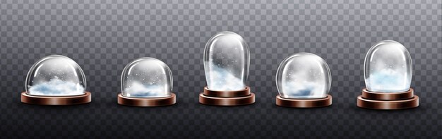 Realistic glass domes with snow, christmas globe souvenirs, isolated crystal semisphere containers on copper or brass base of various shape and size. Festive xmas gift mock up, Realistic 3d set