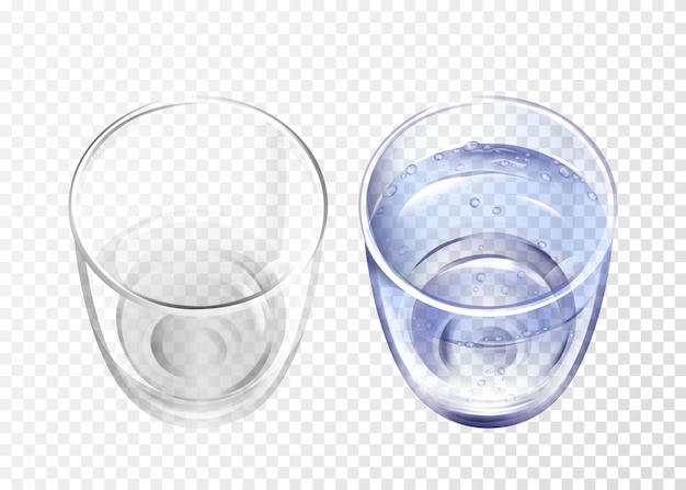 realistic glass empty and cup with blue water on transparent background. 