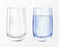 Free vector realistic glass empty and cup with blue water on transparent background.