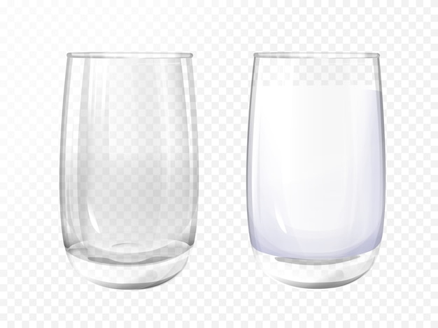 Free vector realistic glass empty and milk cup on transparent background.