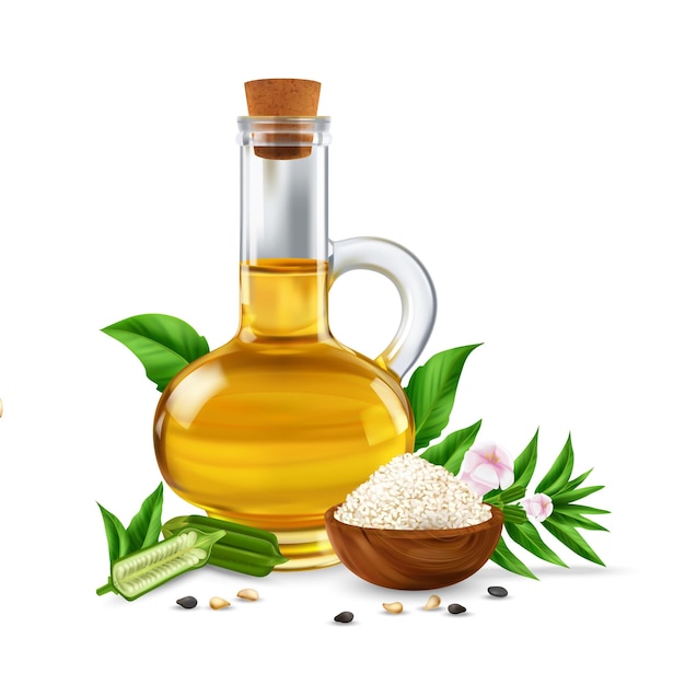 Free Vector realistic glass jug of natural sesame oil with cork wooden bowl of white seeds and green leaves vector illustration