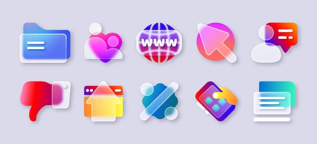 Free Vector realistic glass morphism transparent ui icons for mobile app with blur neon gradient