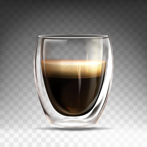 Free Vector realistic glossy glass cup with hot espresso. mug mug with double wall full of aroma americano. coffee drink realistic on transparent background. template for branding, advertising or product design.