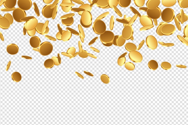 Realistic Gold coins explosion clipping path isolated