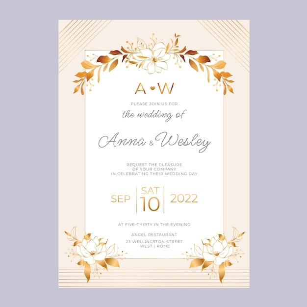 Realistic golden flowers wedding invitation