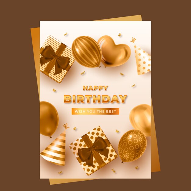 Realistic golden happy birthday card