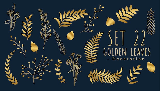 Free Vector realistic golden leaves blue background in set