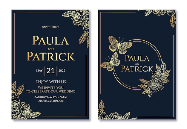 Realistic golden luxury wedding invitation template with photo