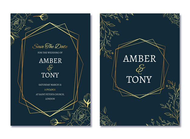 Realistic golden luxury wedding invitation template with photo