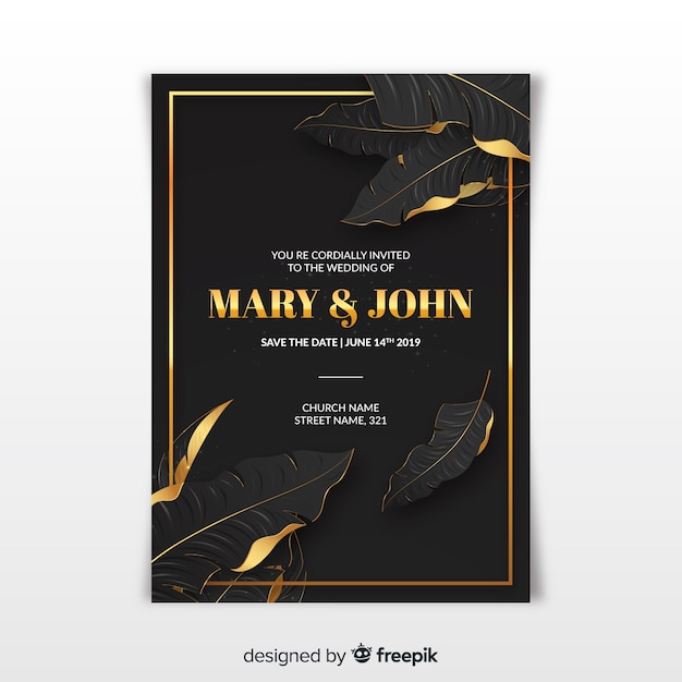 Realistic golden palm leaves wedding invitation template