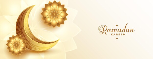 Realistic golden ramadan kareem banner with moon and flower