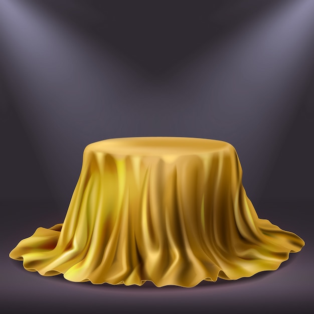 Free Vector realistic golden show performance fabric. gold theatre curtain or royal luxury tablecloth 3d vector illustration