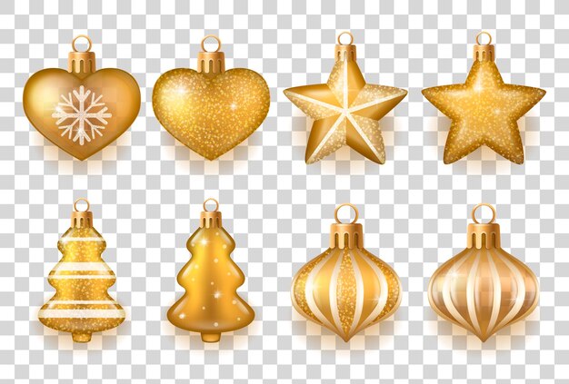 Realistic golden and white christmas tree decorations of different shape set on isolated