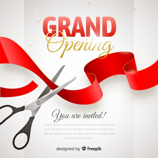 Realistic grand opening poster with scissors