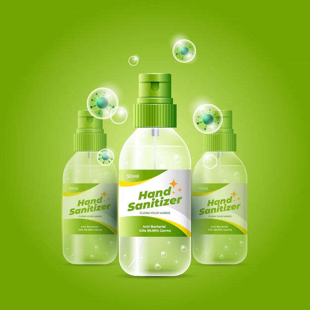 Free Vector realistic green hand sanitizer with bubbles