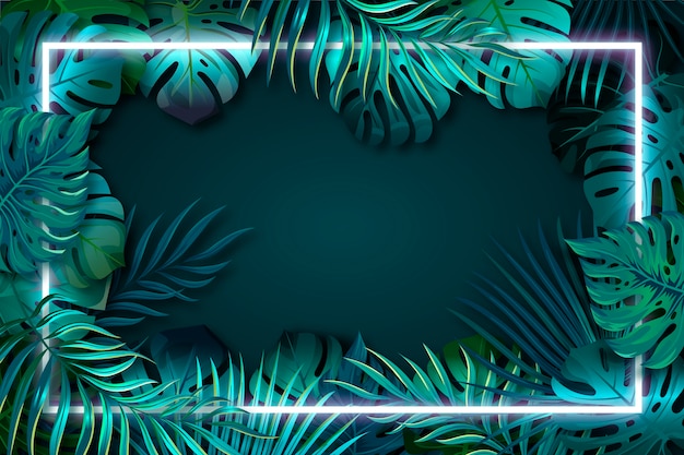 Realistic green leaves with neon frame