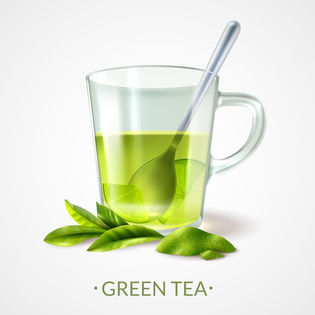 Free Vector realistic green tea and cup with spoon vector illustration