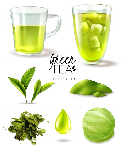 Free Vector realistic green tea iced set with isolated images of ripe leaves cups and ice cream scoop vector illustration