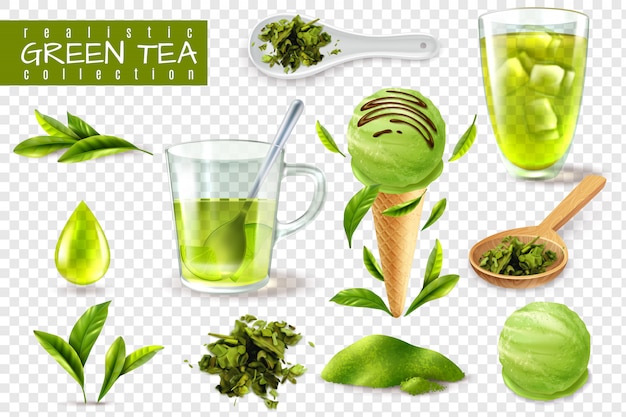 Realistic green tea set with isolated images of cups spoons and natural leaves  vector illustration