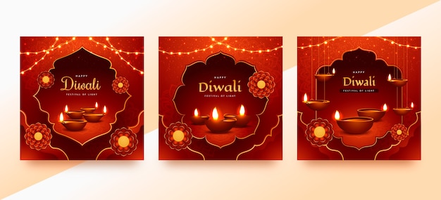 Free Vector realistic greeting cards collection for diwali hindu festival celebration