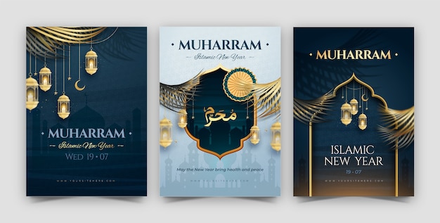 Free Vector realistic greeting cards collection for islamic new year celebration