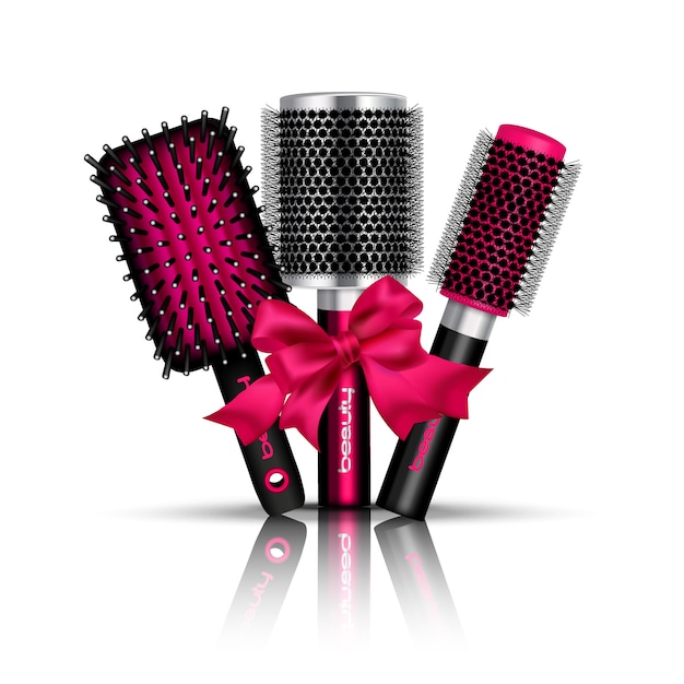 Free Vector realistic hair brush composition with three hairbrushes for styling tied a red ribbon vector illustration