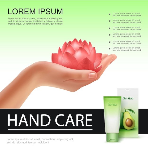 Free Vector realistic hand care template with female hand holding lotus flower and package of moisturizing cream