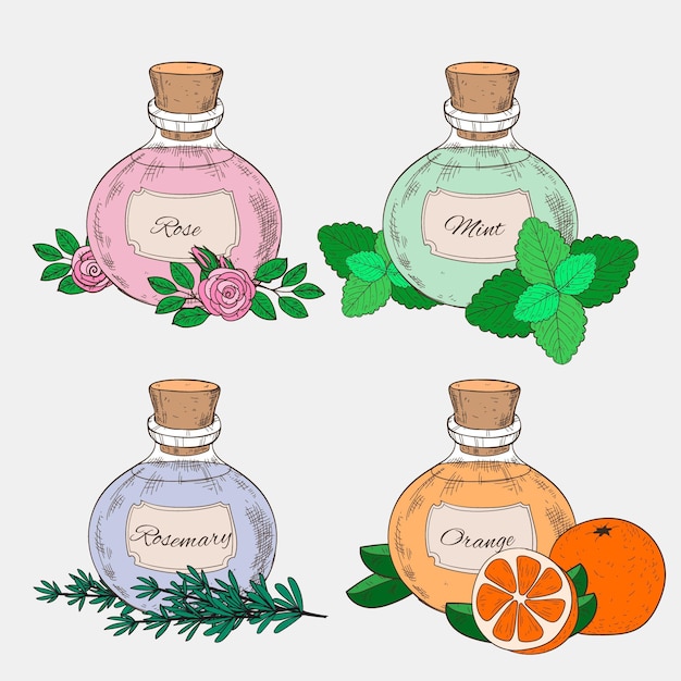 Free Vector realistic hand drawn essential oil bottle set