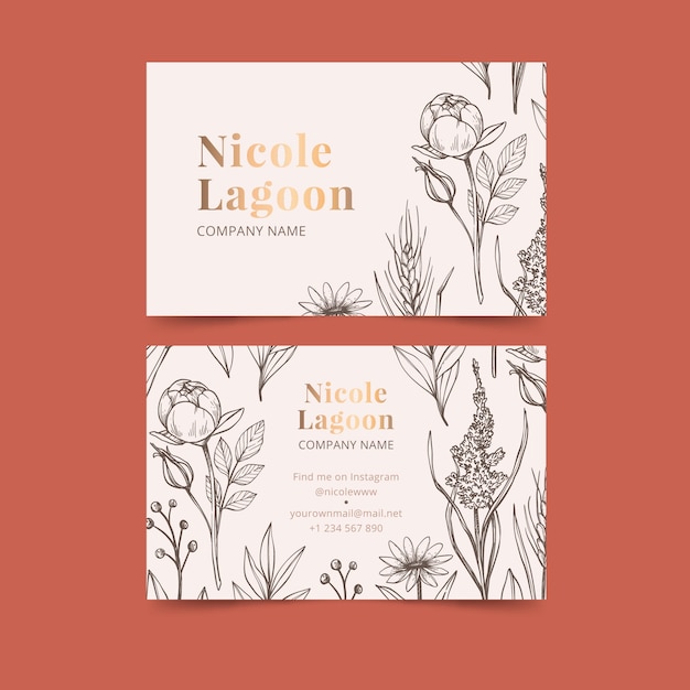 Realistic hand-drawn floral business card template