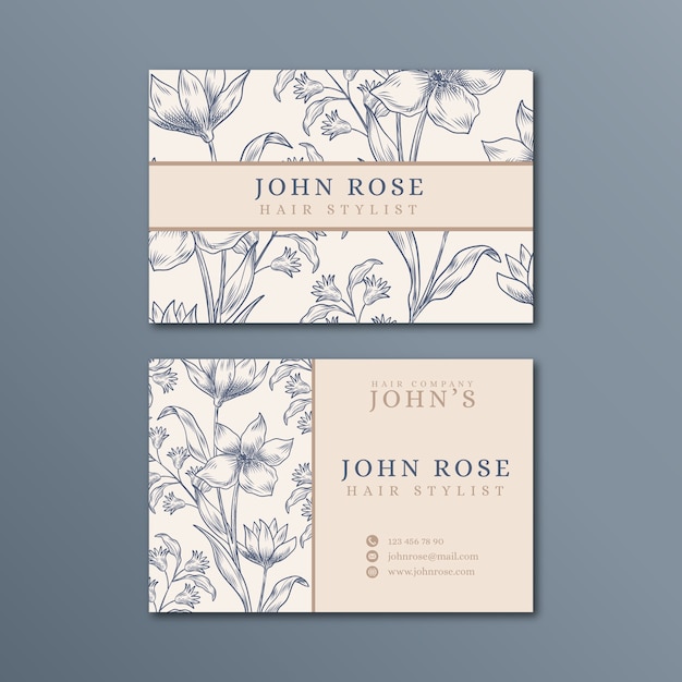 Realistic hand drawn floral business card template