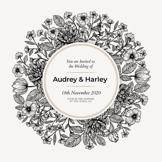 Realistic hand drawn floral wedding invitation